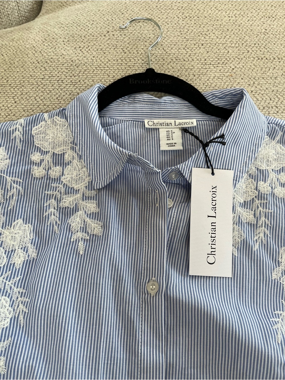 NWT Christian Lacroix Blue and White Striped cropped shirt, White Floral detail